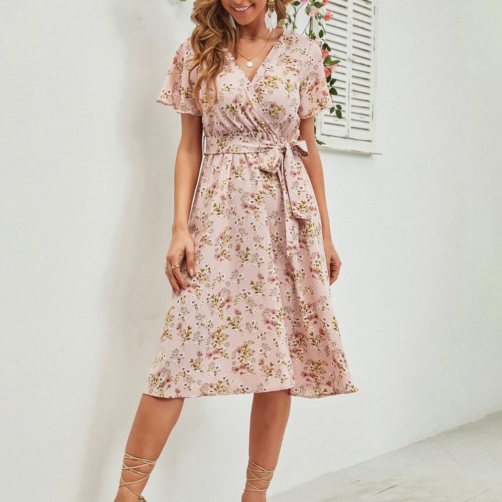 New Ditsy Floral Print Belted Dress
